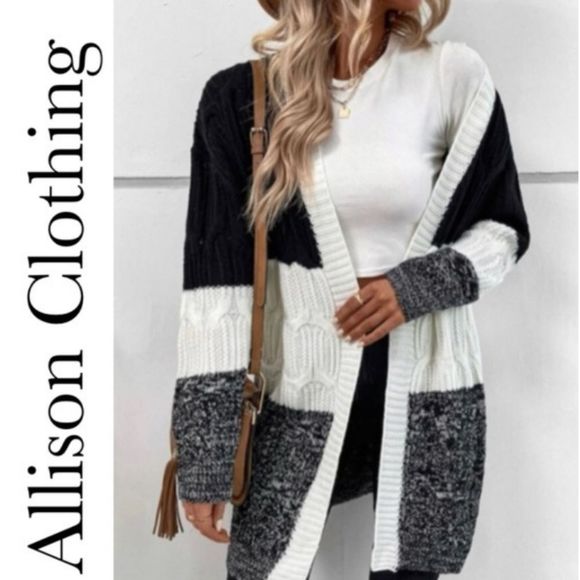 Allison Clothing Sweaters - BEAUTIFUL Black and White Colorblock Knee Length Cardigan